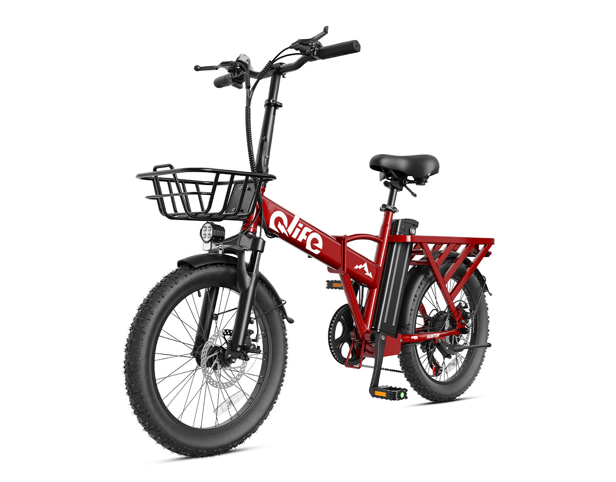 Hunter All-Terrain Folding Electric Bike for Adults, With Front Bike Basket, Red