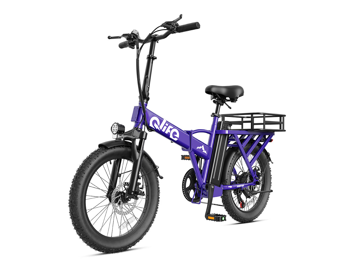 Hunter All-Terrain Folding Electric Bike for Adults, With Rear Bike Basket, Purple