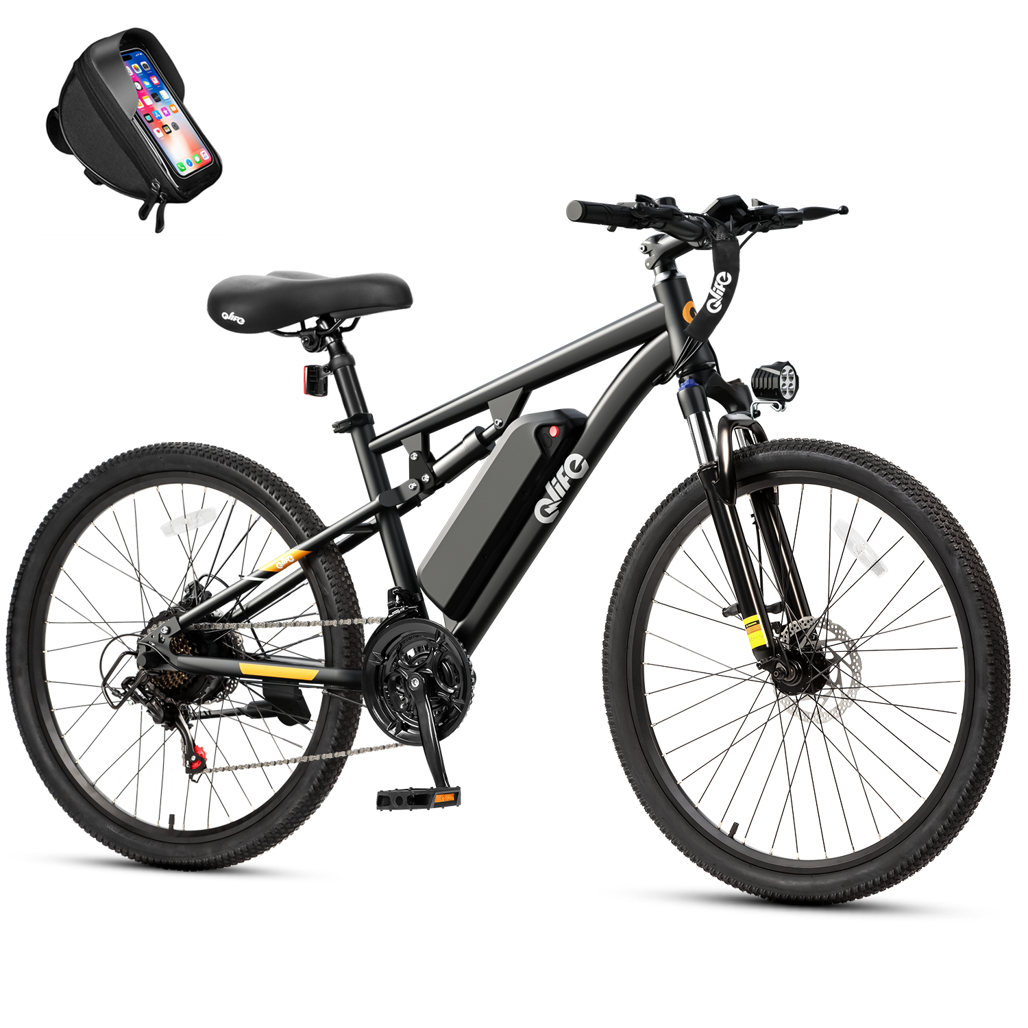 Racer Ultra Step-Over Full-Suspension Mountain eBike for Adults, With Phone Holder Bag, Black