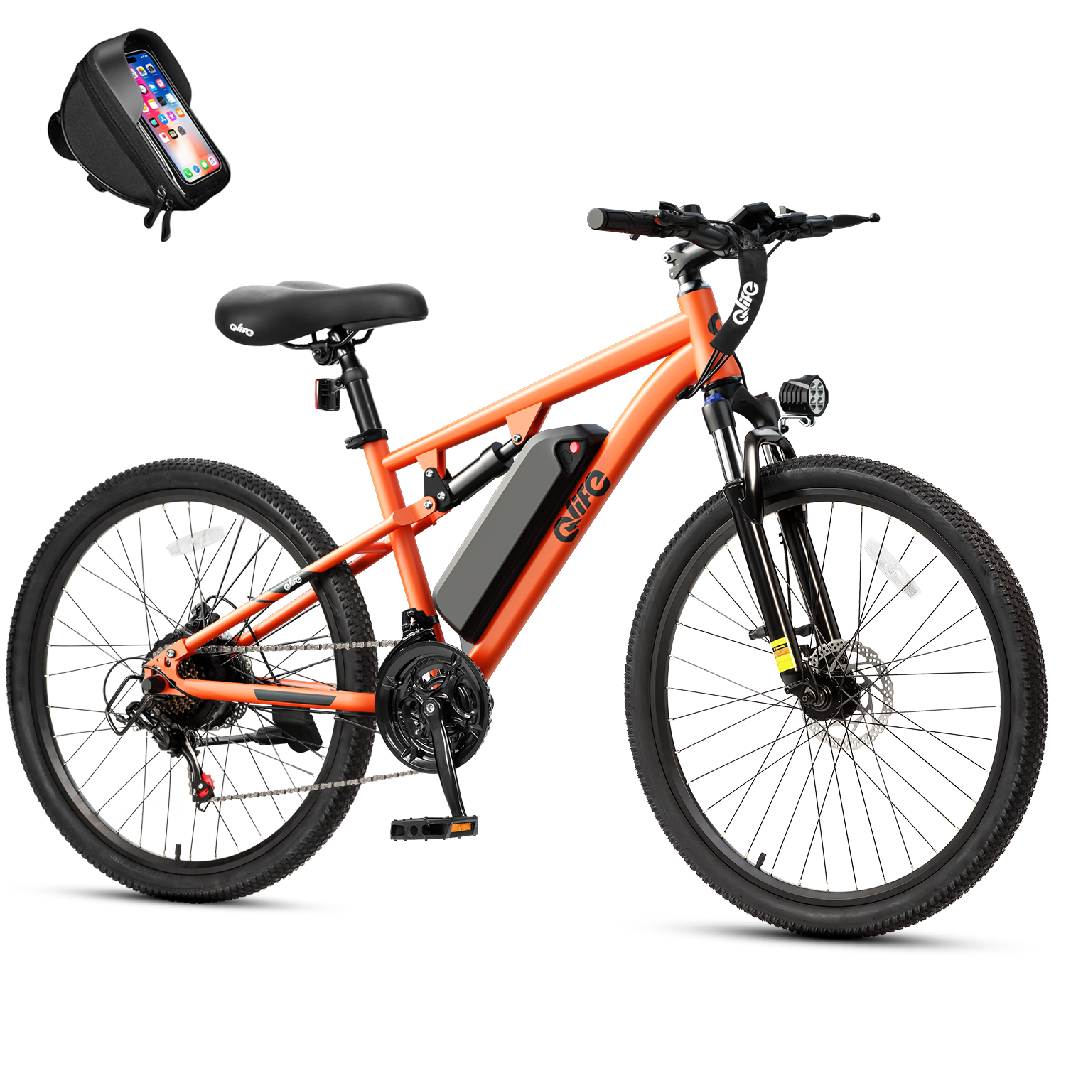 Racer Ultra Step-Over Full-Suspension Mountain eBike for Adults, With Phone Holder Bag, Orange