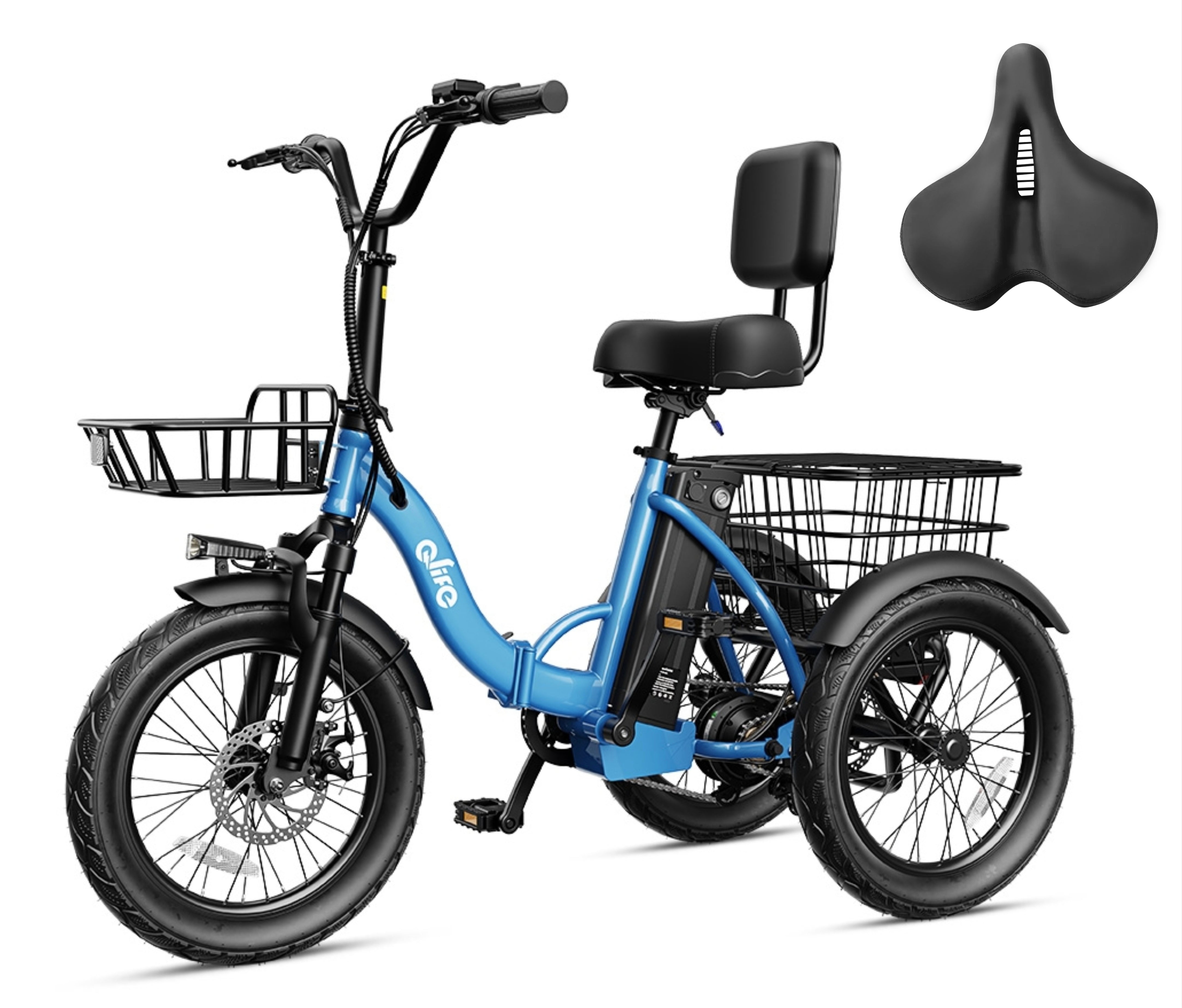 Triker 2.0 Electric Trike – Upgraded 3 Wheel Folding E-Bike, Bike + Oversized Bike Seat, Blue