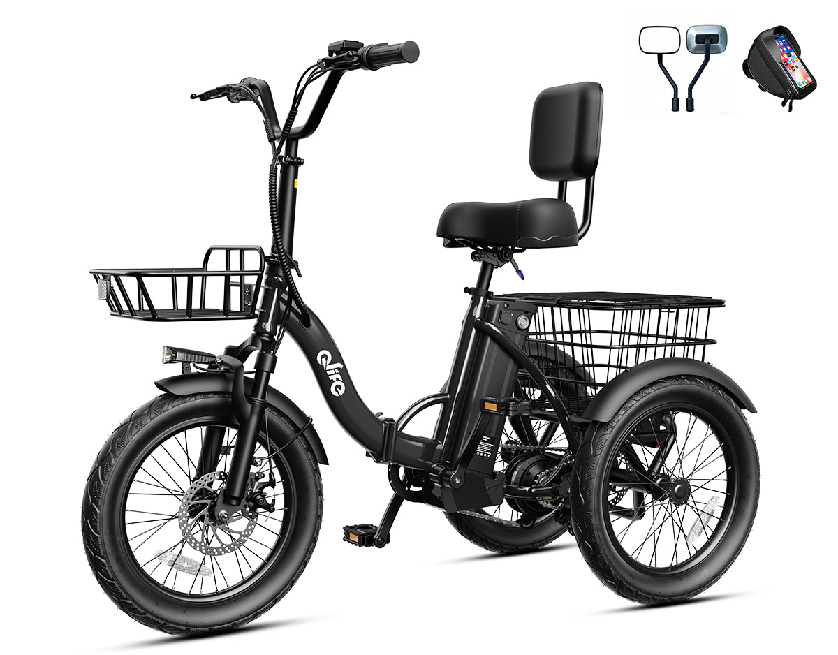 Triker 2.0 Electric Trike – Upgraded 3 Wheel Folding E-Bike, Bike+Phone Holder Bag+Mirrors, Black