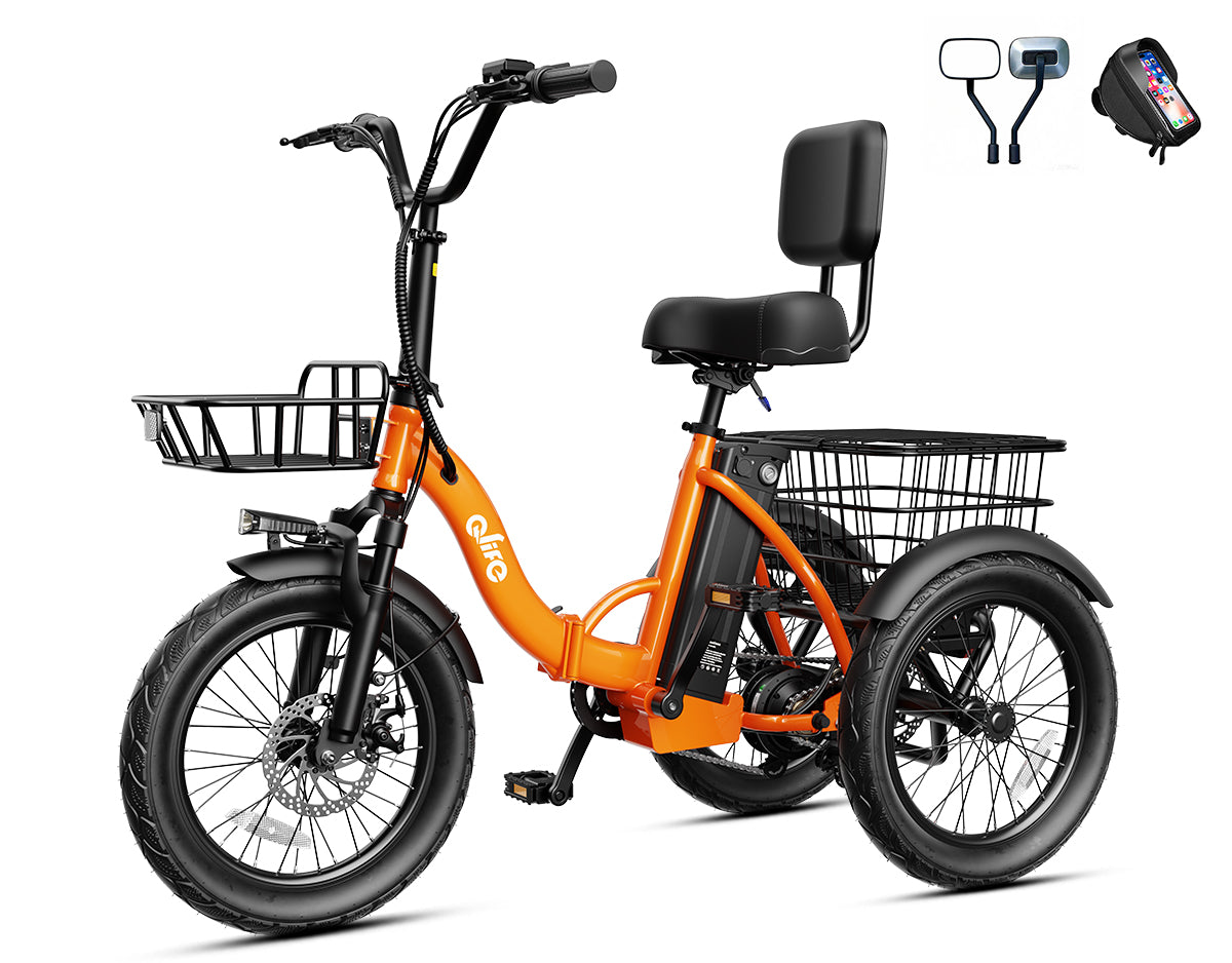 Triker 2.0 Electric Trike – Upgraded 3 Wheel Folding E-Bike, Bike+Phone Holder Bag+Mirrors, Orange