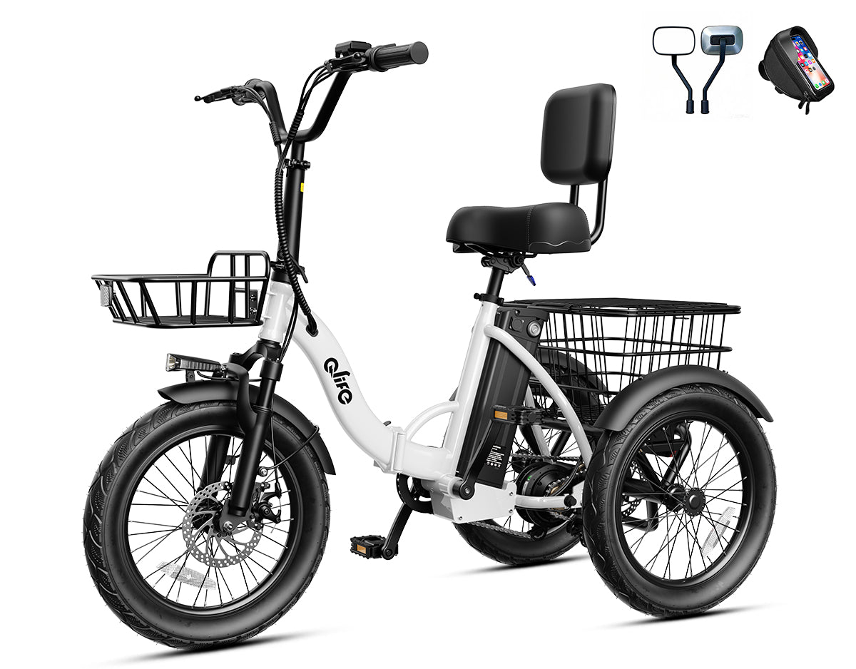 Triker 2.0 Electric Trike – Upgraded 3 Wheel Folding E-Bike, Bike+Phone Holder Bag+Mirrors, White
