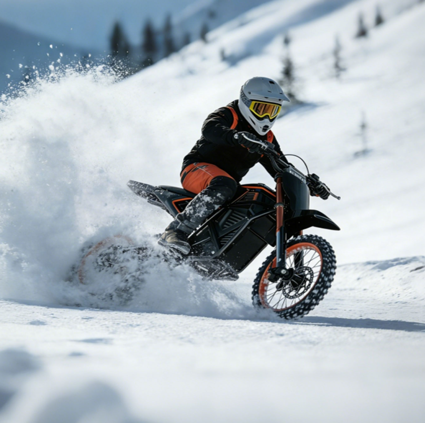 Electric dirt bike rider carving through deep powder snow on mountain slope, demonstrating winter off-road e-bike performance