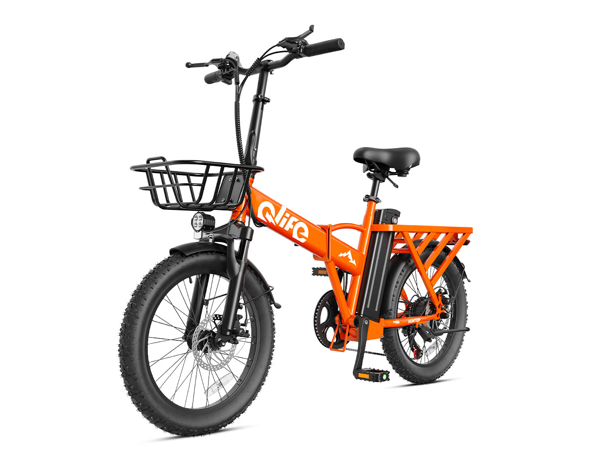 Hunter All-Terrain Folding Electric Bike for Adults, With Front Bike Basket, Orange