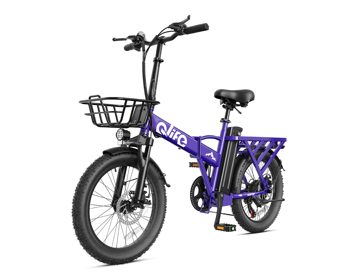 Hunter All-Terrain Folding Electric Bike for Adults, With Front Bike Basket, Purple