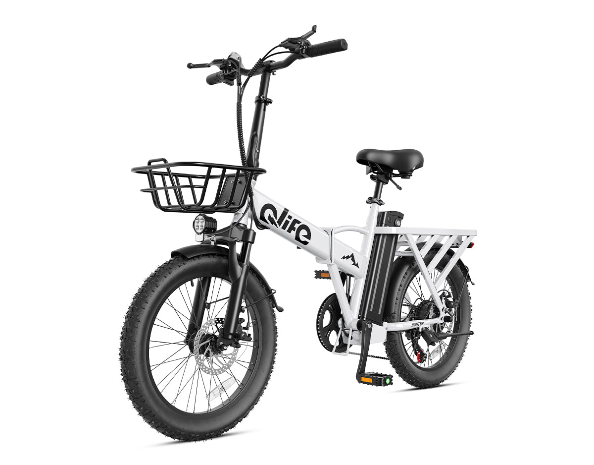 Hunter All-Terrain Folding Electric Bike for Adults, With Front Bike Basket, White