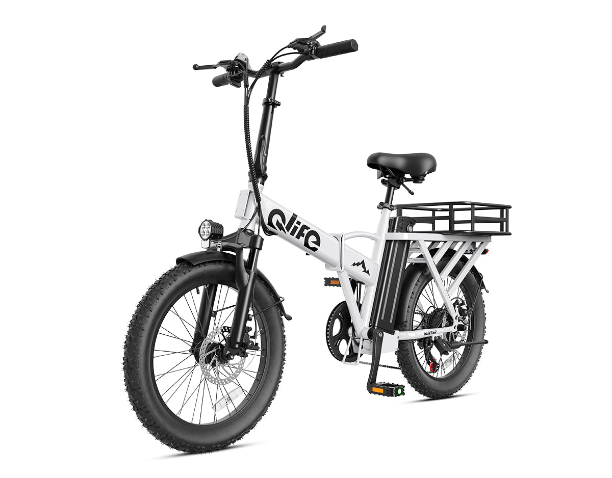 Hunter All-Terrain Folding Electric Bike for Adults, With Rear Bike Basket, White