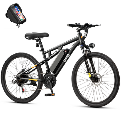 Racer Ultra Step-Over Full-Suspension Mountain eBike for Adults, With Phone Holder Bag, Black