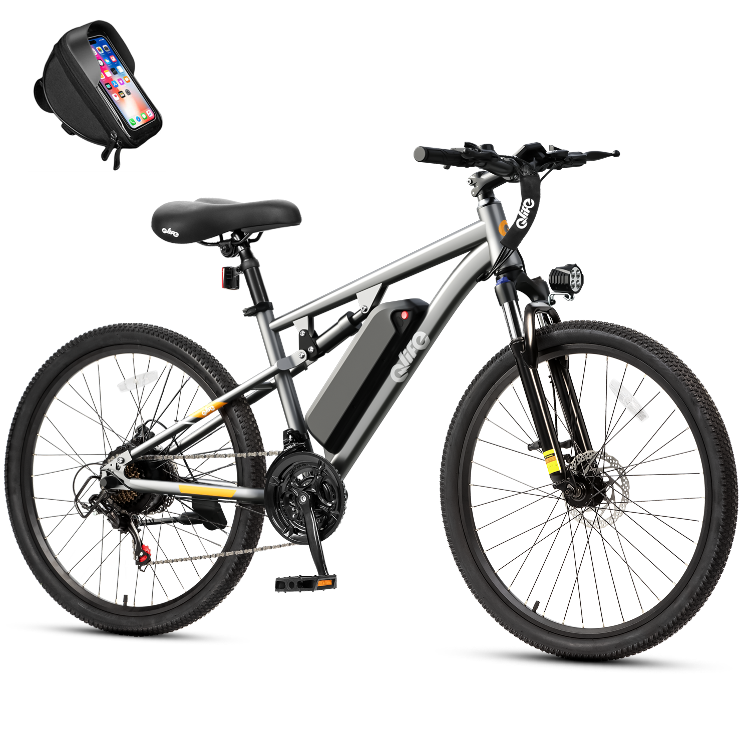 Racer Ultra Step-Over Full-Suspension Mountain eBike for Adults, With Phone Holder Bag, Grey