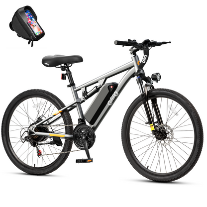 Racer Ultra Step-Over Full-Suspension Mountain eBike for Adults, With Phone Holder Bag, Grey