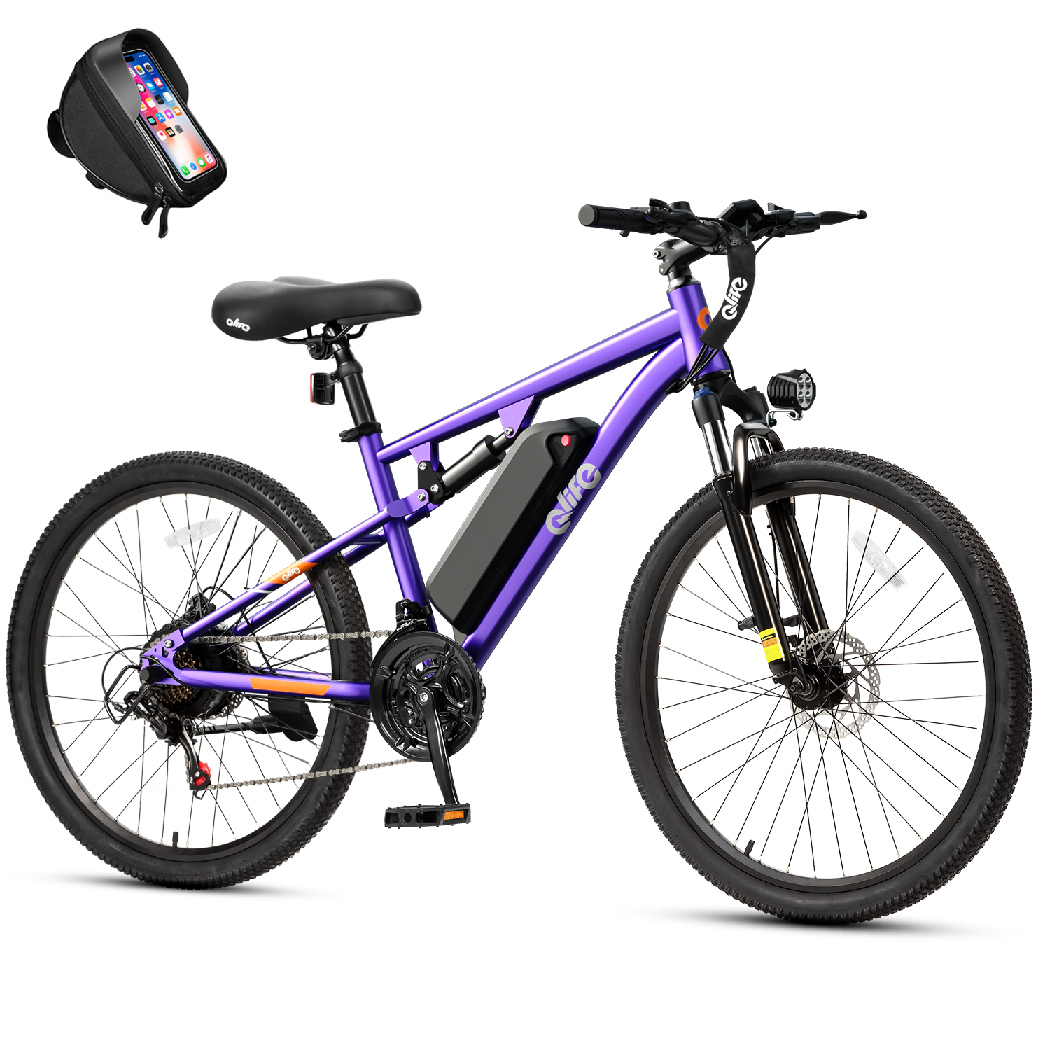 Racer Ultra Step-Over Full-Suspension Mountain eBike for Adults, With Phone Holder Bag, Purple