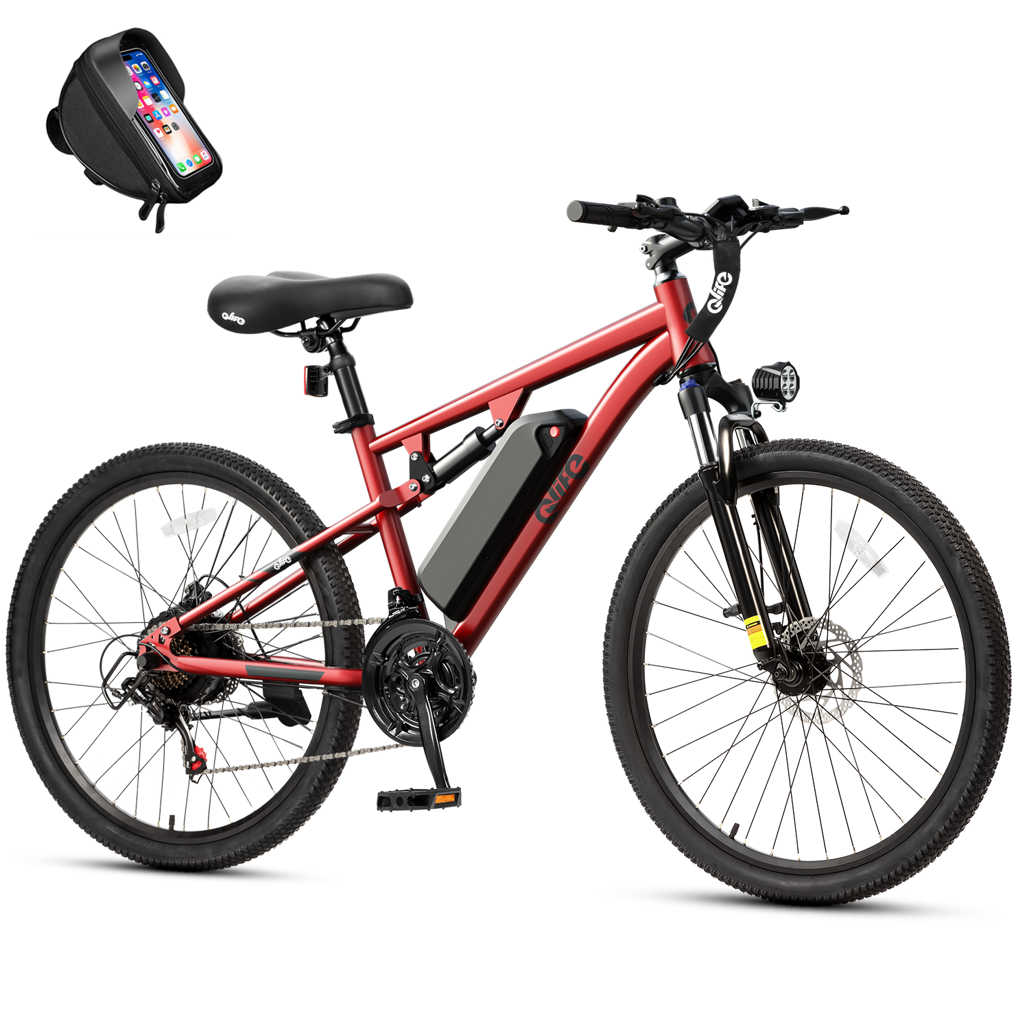 Racer Ultra Step-Over Full-Suspension Mountain eBike for Adults, With Phone Holder Bag, Red