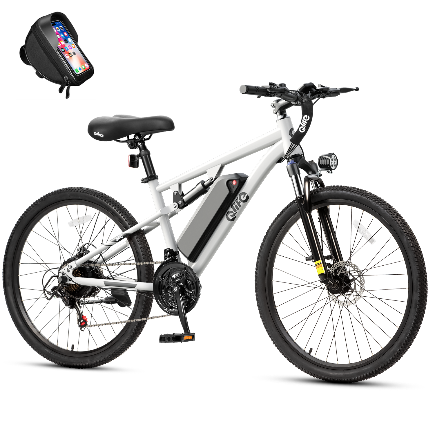 Racer Ultra Step-Over Full-Suspension Mountain eBike for Adults, With Phone Holder Bag, White