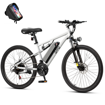 Racer Ultra Step-Over Full-Suspension Mountain eBike for Adults, With Phone Holder Bag, White