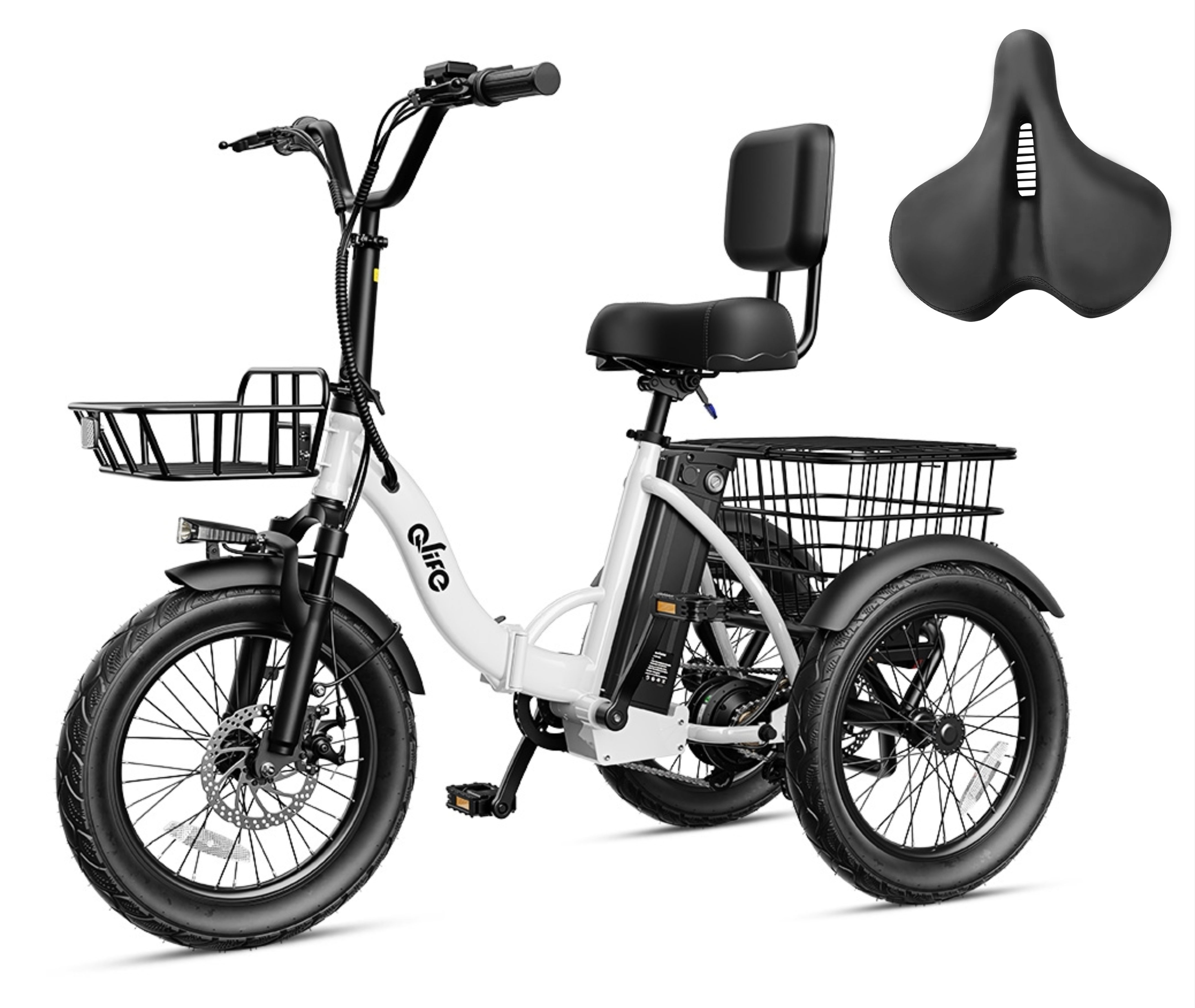 Triker 2.0 Electric Trike – Upgraded 3 Wheel Folding E-Bike, Bike + Oversized Bike Seat, White