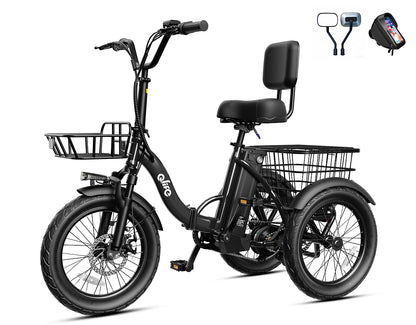 Triker 2.0 Electric Trike – Upgraded 3 Wheel Folding E-Bike, Bike+Phone Holder Bag+Mirrors, Black