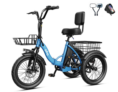Triker 2.0 Electric Trike – Upgraded 3 Wheel Folding E-Bike, Bike+Phone Holder Bag+Mirrors, Blue