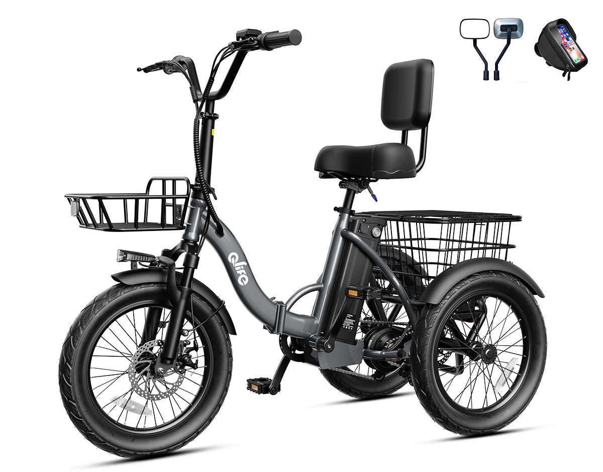 Triker 2.0 Electric Trike – Upgraded 3 Wheel Folding E-Bike, Bike+Phone Holder Bag+Mirrors, Gray