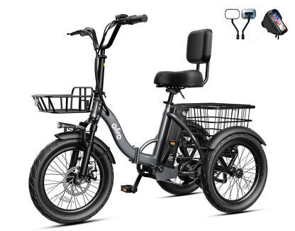 Triker 2.0 Electric Trike – Upgraded 3 Wheel Folding E-Bike, Bike+Phone Holder Bag+Mirrors, Gray